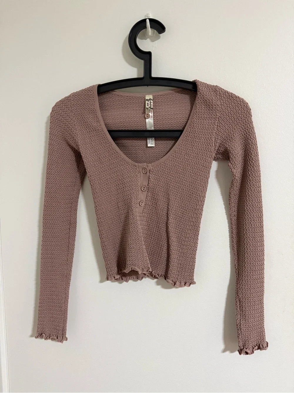 Free People Long Sleeve Henley Ribbed Crop Top - Mauve Pink